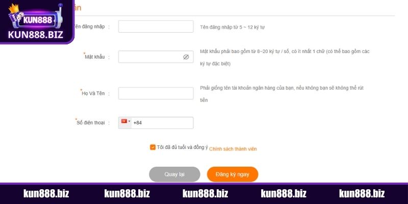 Đăng ký KUN888 trên điện thoại